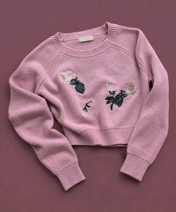 DUSTY PINK FLORAL EMBROIDERED CROPPED KNIT SWEATER