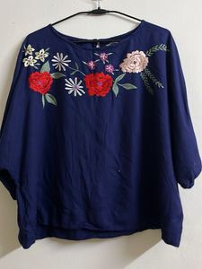 Embroidered Blue Round Neck Top