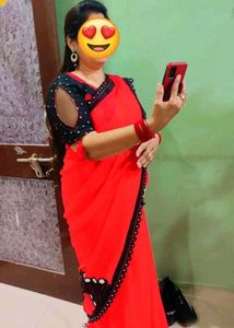 Vibrant Red Saree with Black Embellished Blouse