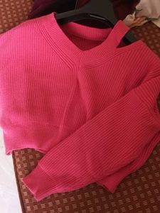 Bright Pink V-Neck Knit Sweater