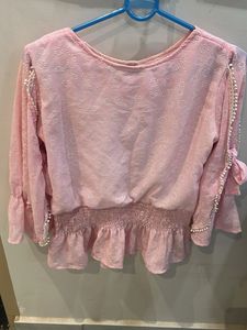Chic Pink Peplum Blouse with Pearl like  Details