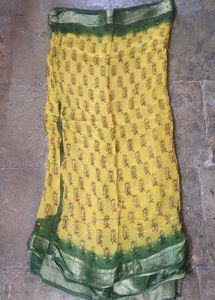 Vibrant Yellow &amp; Green Block Print Saree