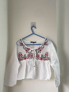 White Floral Print Peplum Top