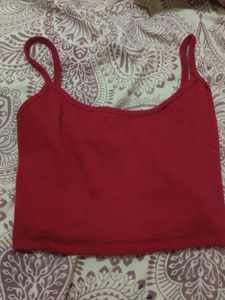 Red Ribbed Spaghetti Strap Crop Top