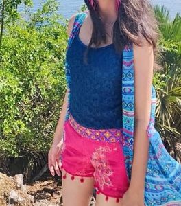 Magenta boho shorts with mirror work