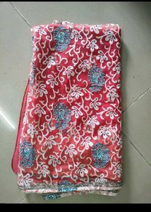 Red Saree with White & Blue Print