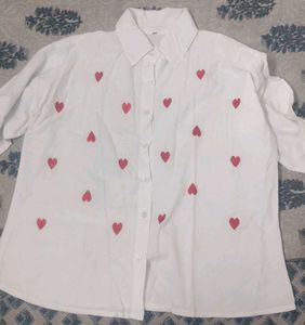White Heart Print Button-Up Shirt