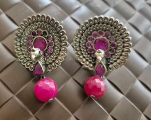 Peacock Design Earrings with Pink Stones