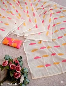 White saree with Pink & Orange Motifs