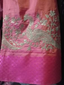 Elegant Pink Silk Saree with Peacock Embroidery