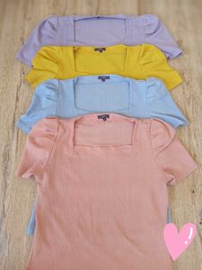 Pastel Puff Sleeve Square Neck Tops