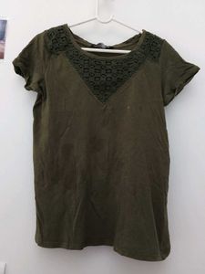 Olive Green Lace Detail T-Shirt