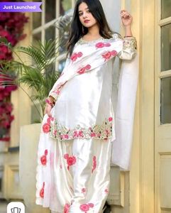 White Silk Kurta Set with Pink Embroidery