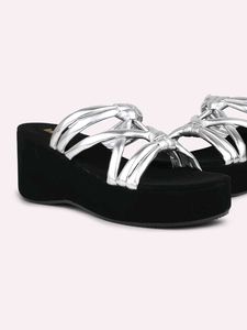 Silver Strapy Open Toe Wedge Heels With Knots