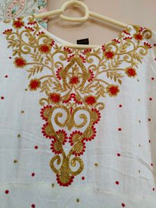 Off White linen embroidered flared kurta