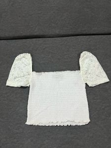 Shirred Square-Neck Top with Lace Detailing