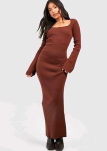 Brown Ribbed Bell Sleeve Maxi Dress