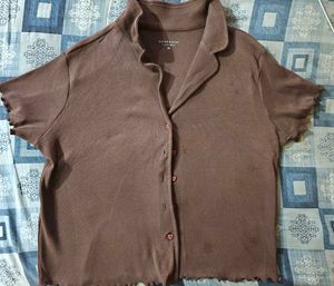 Brown Lettuce Hem Button-Up Top
