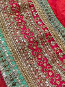 Peach and Green Embroidered Lehenga Set (Size 2XL)