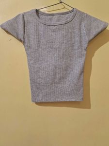 Ribbed Grey Cropped T-Shirt