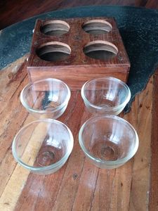 Vintage Wooden Box with 4 Glass Bowls