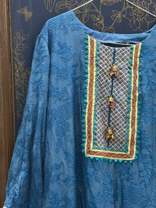 Blue Embroidered Kurta with attached ghagra