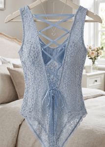 Sky Blue Criss Cross Back Lace Bodysuit