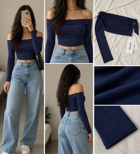 Savana Navy Blue Off-Shoulder Long-Sleeve Top