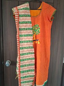 Orange Kurta with Tree Embroidery