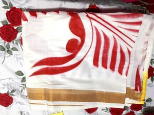 White Saree with Red Floral Print