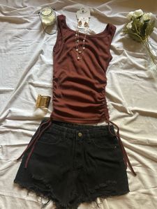 Ribbed Ruched Tank Top &amp; Distressed Shorts