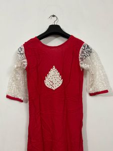 Red Kurta with White Embellishments