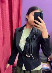 Chic Black Blazer with Bow Detail