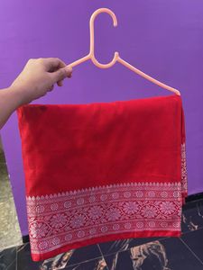 Elegant Red Silk Saree with Silver Border