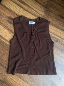 Brown Ribbed V-Neck Button-Up Tank Top