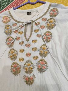 White Embroidered Kurta with Tassels