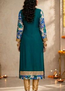 Elegant Teal Kurta Set with Floral Sleeves