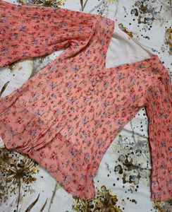 Chic Floral Pleated Bell Sleeve Top