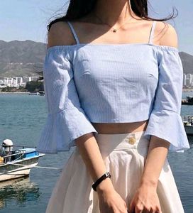 New with tag Blue Striped Off-Shoulder Crop Top