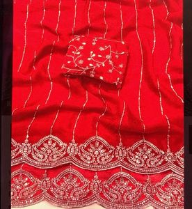 Red Embroidered Saree with Blouse Piece