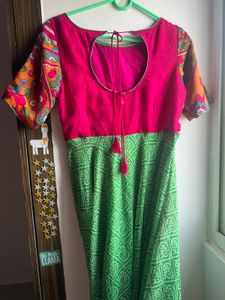 Vibrant Green with pink Printed Maxi Dress
