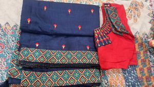 Beautiful Navy Blue Saree with Red Blouse