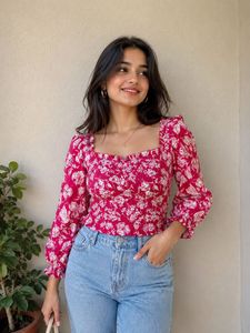 Chic Floral Print Smocked Top