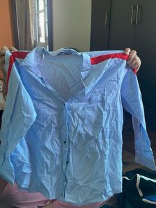 Men's Blue Button-Up Shirt with Red Stripe Detail