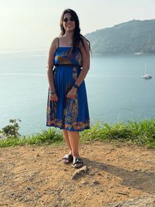 Blue Leopard Beach Palm Print Midi Dress