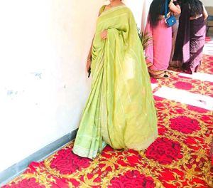 Lime Green Striped Saree
