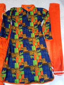 Orange Kurta Set with Abstract Print