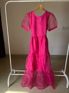 Fuchsia Pink Tiered Puff Sleeves Midi Dress