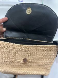 Straw &amp; Faux Leather Crossbody Bag