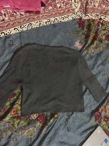 Grey Ribbed V-Neck Top